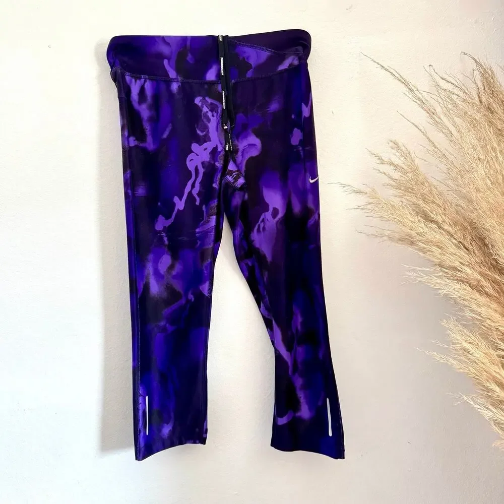 NIKE Running Purple Black Dri Fit Power Crop Tights $78 Leggings Capri Pocket S